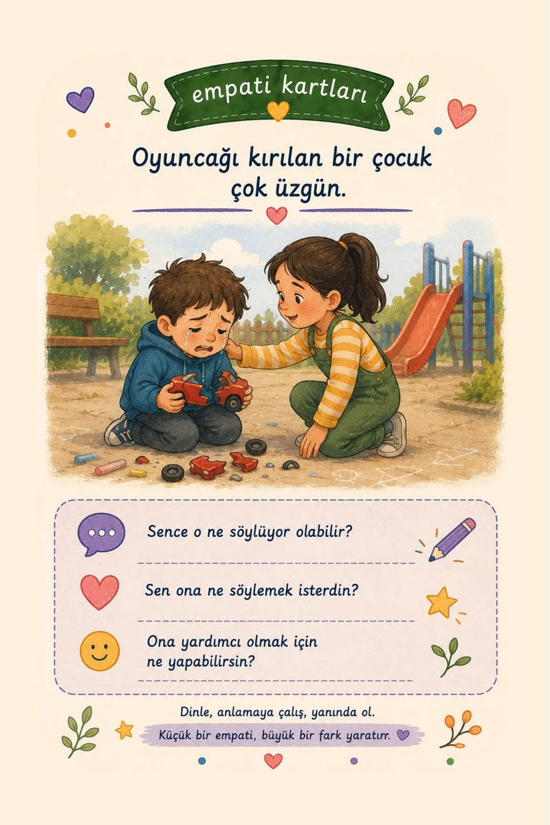 YUMO empati kartı önü — Oyuncağı kırılan bir çocuk