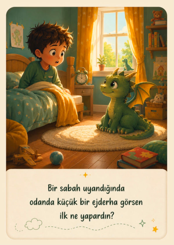 YUMO hayal kartı — bir sabah uyandığında odanda küçük bir ejderha görsen ilk ne yapardın?